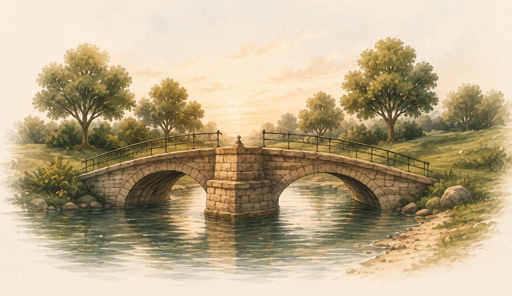 Waterverf van een stenen brug over een rivier